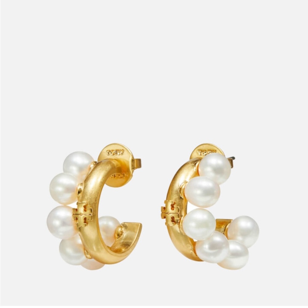 TORY BURCH Rolled Gold/Pearl Kira Pearl Hoop Earrings NEW